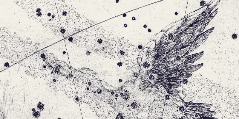 Cygnus with its wings open, from Bayer's Uranometria, 1603 — the oldest atlas in the set.