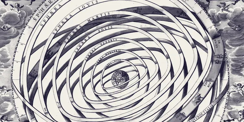 Cellarius drew the planetary spheres in perspective as nested bands — Saturn outermost, the Earth at the centre — in Harmonia Macrocosmica, 1660.